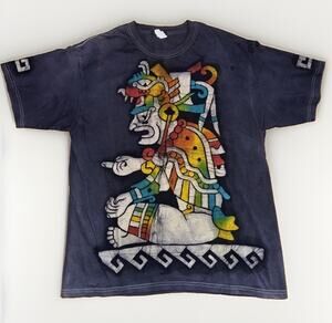 Aztec Mayan Graphic T Shirt Mens Large 21x27 Mesoamerican Tribal Art Black Tee